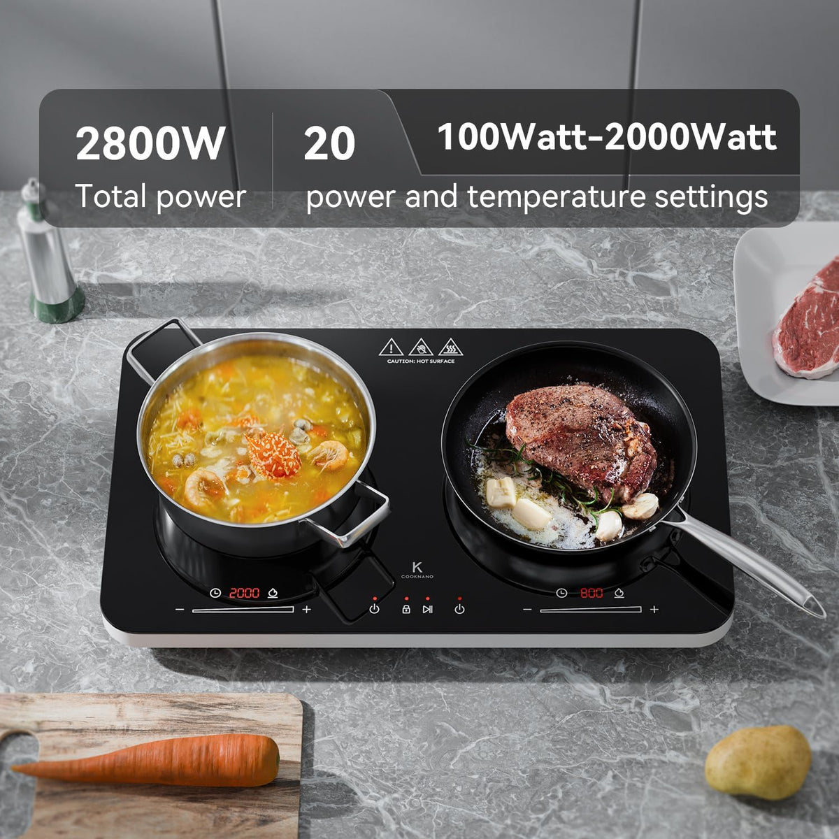 Inductiekookplaat, 2 platen, dubbele inductiekookplaat, onafhankelijke bediening, 3600 W, 20 vermogens- en temperatuurinstellingen, 6-uurs timer, draagbare inductiekookplaat, kinderslot