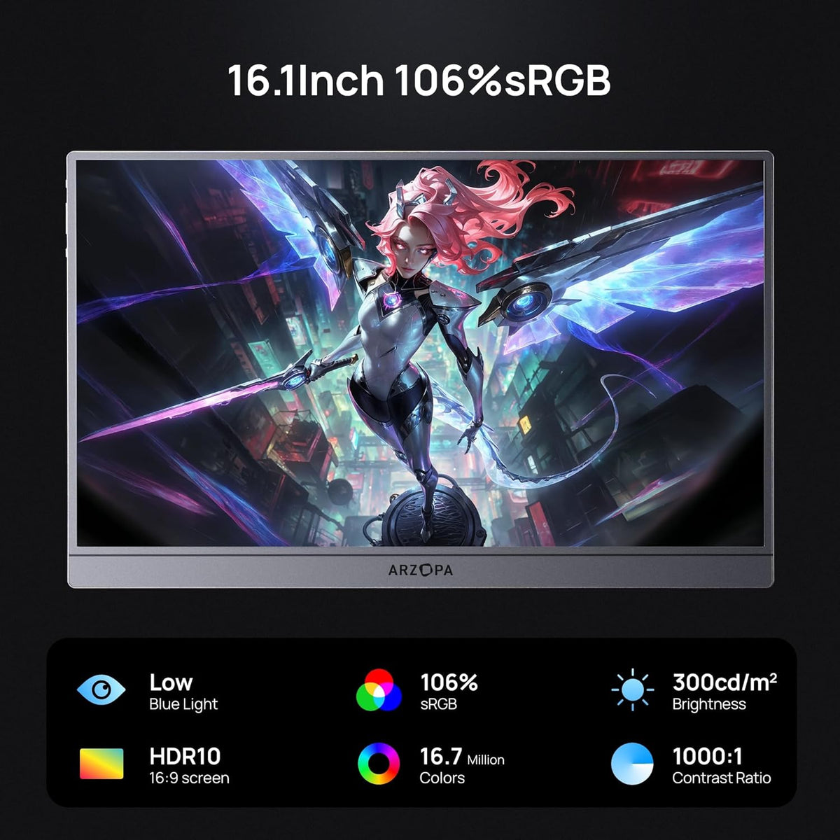 ARZOPA 16.1" Portable Game Monitor, 144Hz 106% sRGB FHD, HDR, Ultra Thin, Eye Protection, 2nd Screen for PC/PS5/Mac/Xbox - Z1FC Grey - QUORE