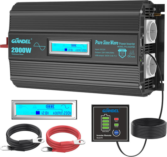 Zuivere Sinus Omvormer – Spanningsomvormer – Stroomomzetter – Power Inverter – 2000W – Lithium Compatibel – LCD Display