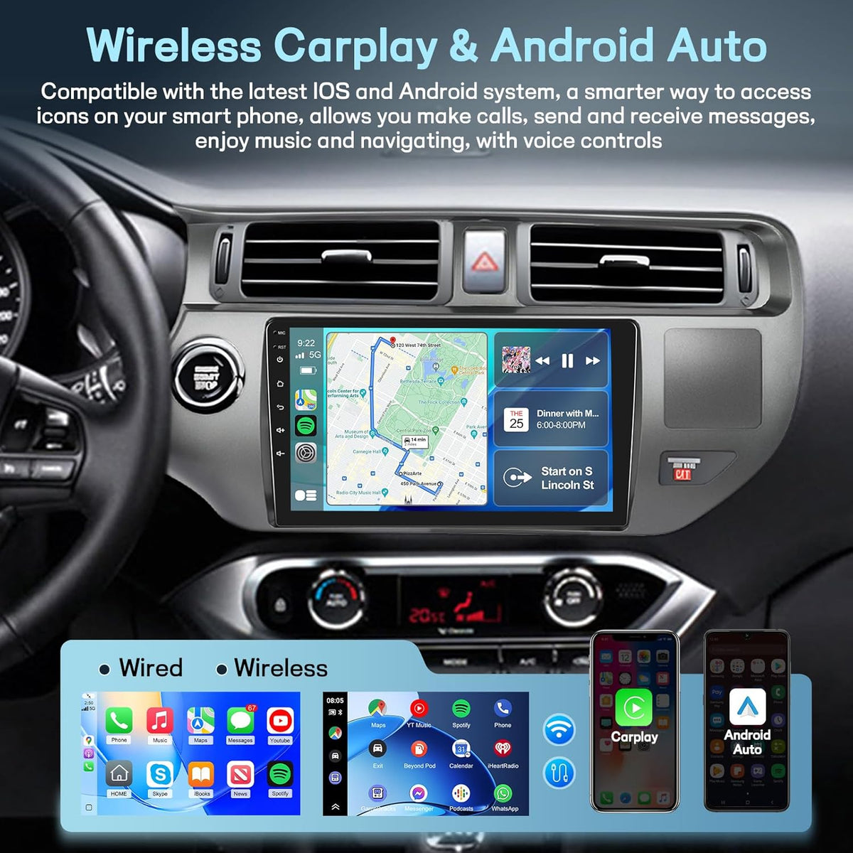 4G+64G 8 Core Qualcomm Car Radio for Kia Rio 2012-2015 with Wireless Carplay & Android Auto, 9 Inch Android Car Stereo with WiFi/GPS/Bluetooth 5.1/DPS Hi-Res/FM RDS Radio