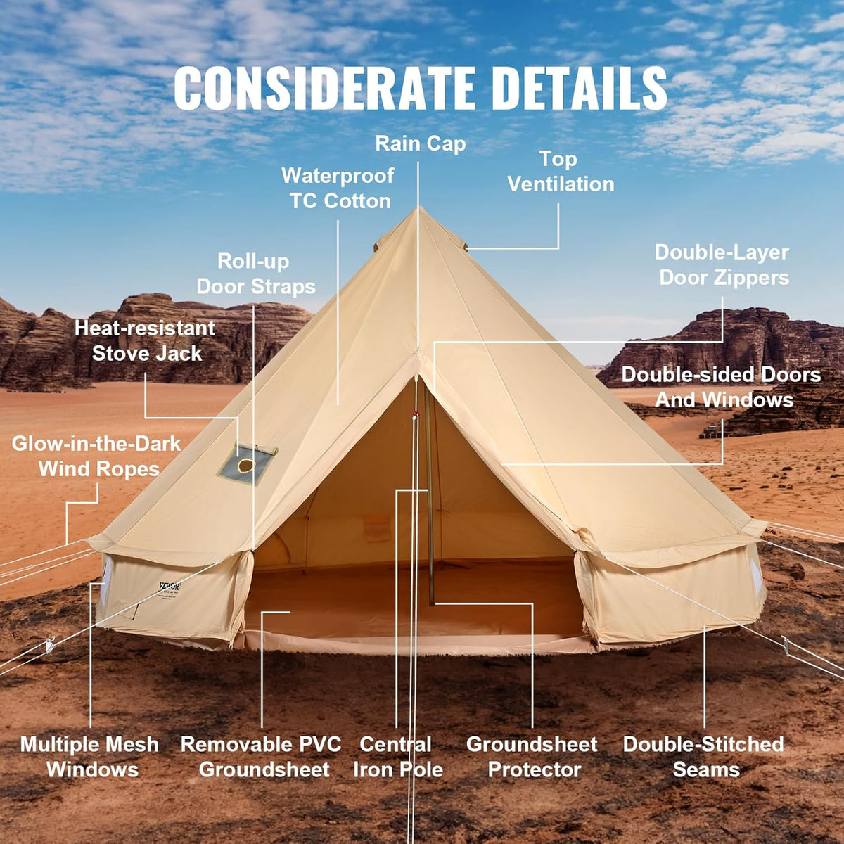 VEVOR Canvas Bell Tent 3-7 m Yurt Tent 4 Seizoenen Familie Camping Tent met Houtkachelgat, Opbergzakken voor Glamping tot 4-12 Personen
