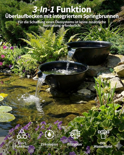 POPOSOAP Overloopschaal en bekkenfonteinset, overloopfontein met 2500 l/h vijverpomp voor watervallen, indoor/outdoor, doe-het-zelf waterfunctie, vijver, tuin