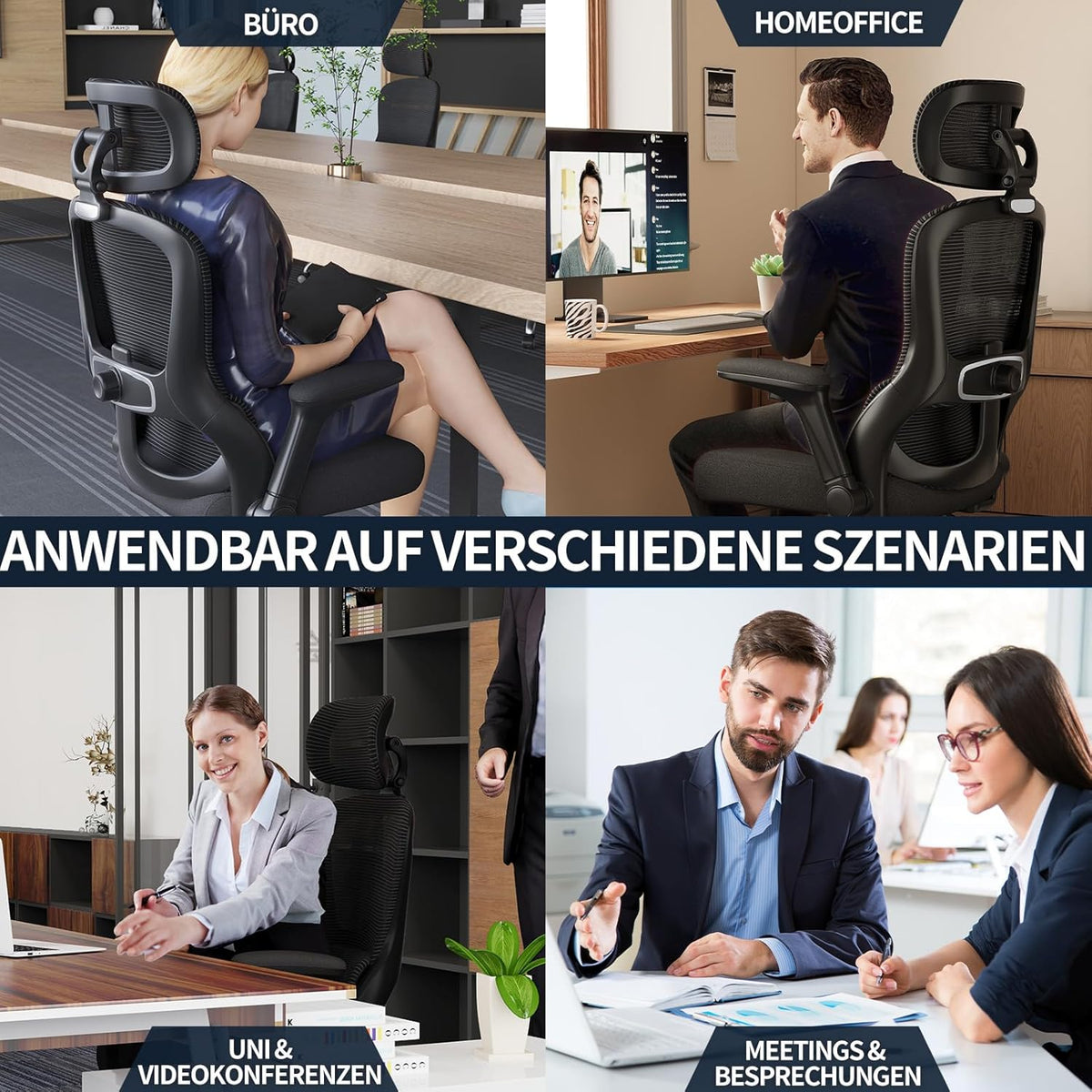 TRALT Bureaustoel, ergonomisch, gamingstoel met verstelbare hoofdsteun, lendensteun, bureaustoel, computerstoel voor grote mensen, mesh-stoel, 150 kg, zwart