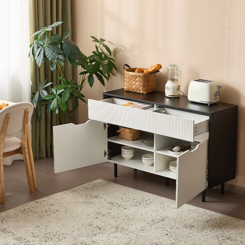 Metaal Opbergkast – Stalen Kast – Dressoir – Buffetkast – Keukenkast – 120 cm Breed – Zwart-Wit Met Riffeldeuren – Verstelbare Planken – Geen Montage Nodig