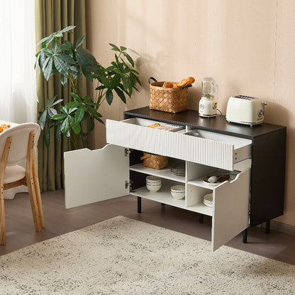 Metaal Opbergkast – Stalen Kast – Dressoir – Buffetkast – Keukenkast – 120 cm Breed – Zwart-Wit Met Riffeldeuren – Verstelbare Planken – Geen Montage Nodig