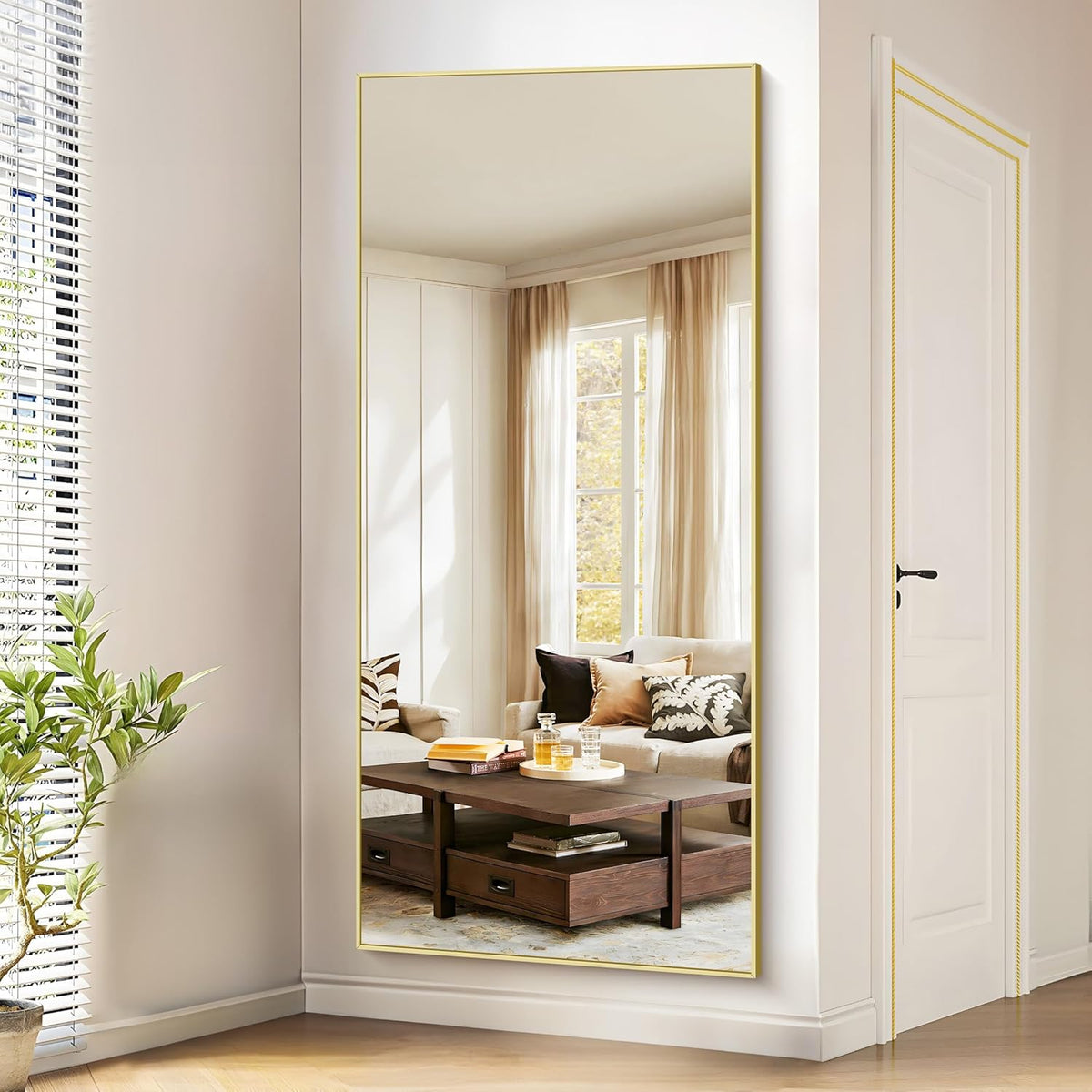 Full-body Spiegel – Vloerspiegel – Wandspiegel – Staande Spiegel – Lichaamsspiegel – 192x85 cm – Gouden Aluminium Frame – Verstelbare Basis