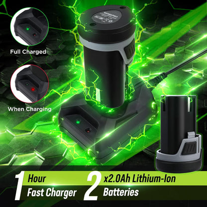 WORKPRO Elektrische Ratelsleutelset, 12 V Batterij Ratel met Verlengde Hals, 3/8 Inch, 55 Nm, Draadloze Ratel met 2 x 2.0 Ah Batterij, LED-verlichting, Inclusief 10 Sockets, Opbergtas, Lader