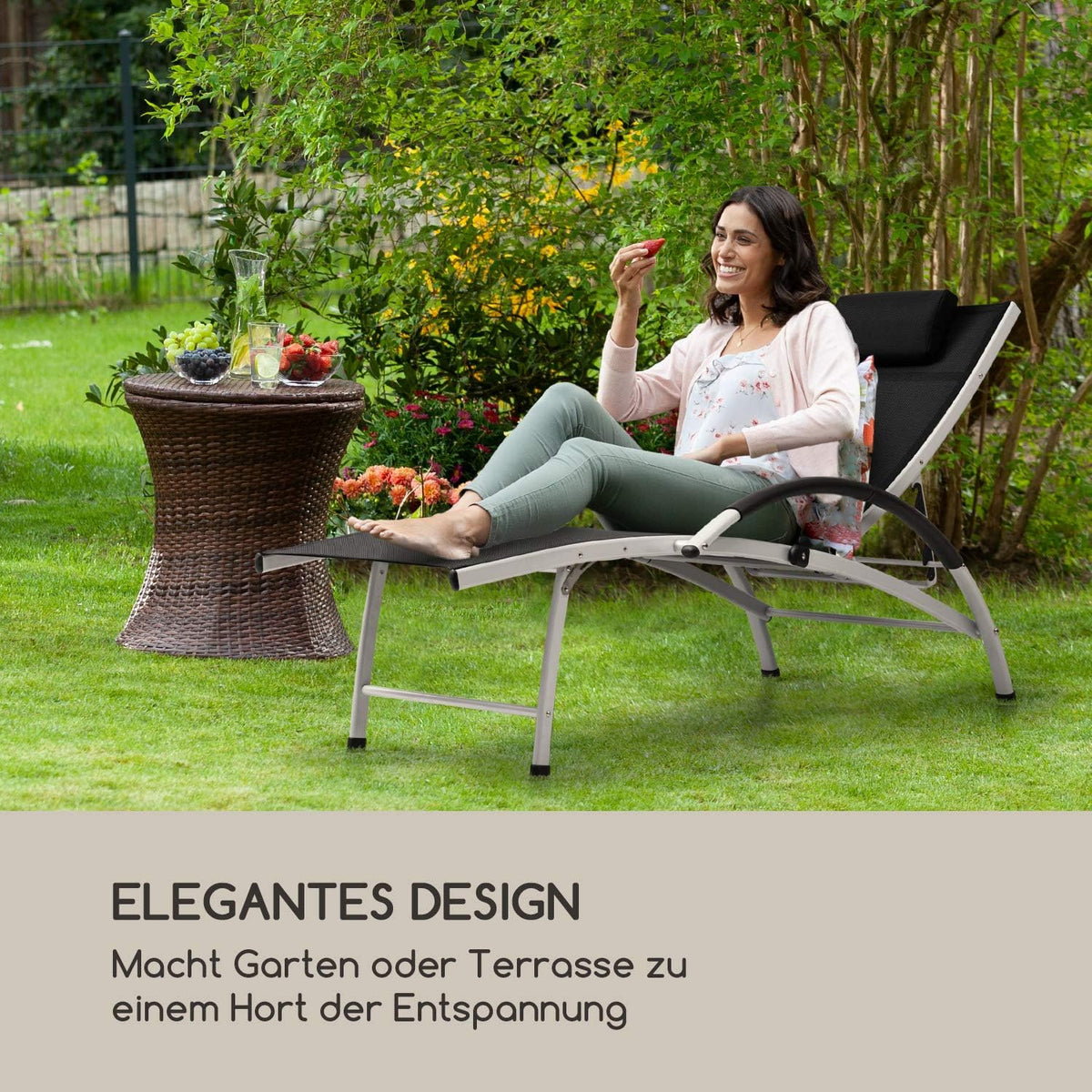 blumfeldt Sun Valley ligbed met kussen - opvouwbaar, aluminium frame, 4-voudig verstelbare rugleuning, Sun Comfort, materiaal: 70% PVC en 30% polyester comfort mesh, zwart