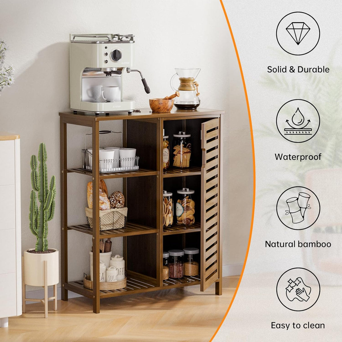 HITNET Badkamer Opberg Vloerkast, bamboe keuken bijzettafel organisator eenheid vrijstaand, met enkele deur en 3 open planken, Walnoot