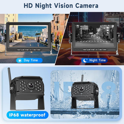 Hodozzy Achteruitrijcameraset, 2 camera's, digitaal, draadloos, 7 inch IPS-beeldscherm, monitor, waterdicht, infrarood, led-nachtzicht, dubbele achteruitrijcamera, draadloze ondersteuning, lusopname,