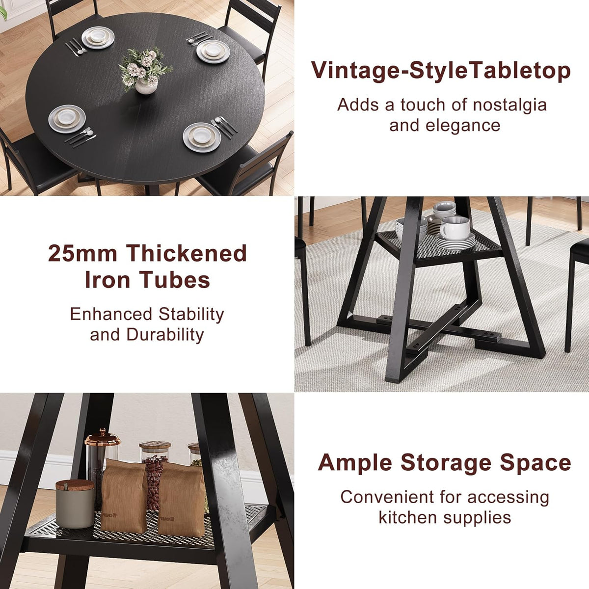 Ronde eettafel voor 2-4 personen, cirkel eettafel met planken, ruimtebesparend houten keuken- en eetkamermeubilair (zwart, 42 inch