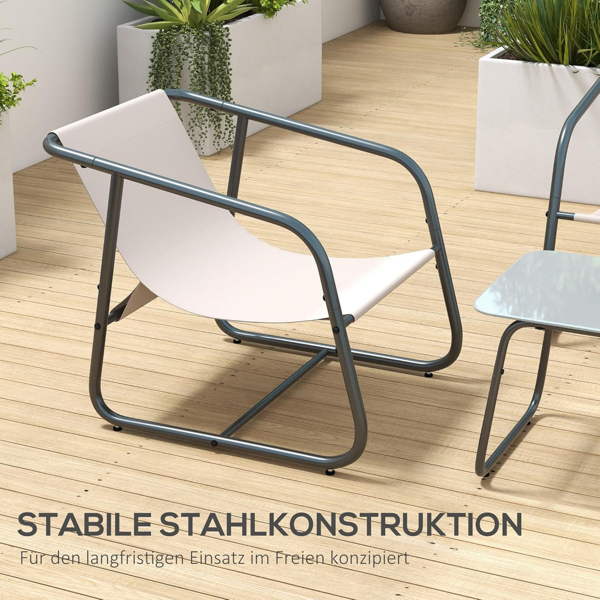 Outsunny Gartenmöbel-Set, Sitzgruppe mit 2 Sesseln, 1 Zweisitzer, 1 Couchtisch aus Hartglas, Gartengarnitur für Balkon, Terrasse, Mesh, Creme - QUORE