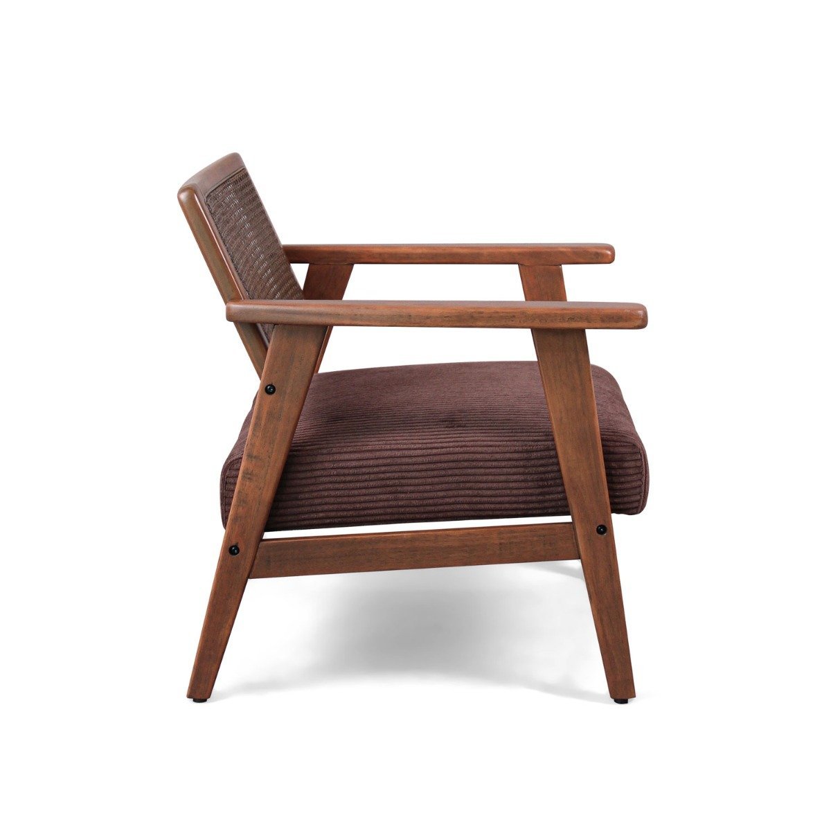 Stoel – Fauteuil – Zithoekstoel – Leunstoel – Retrostoel – Massief Parawood Hout – Polyrattan Inleg – Geribd Velvet Zitkussen