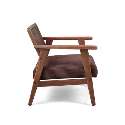Stoel – Fauteuil – Zithoekstoel – Leunstoel – Retrostoel – Massief Parawood Hout – Polyrattan Inleg – Geribd Velvet Zitkussen