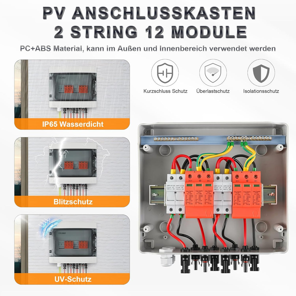Overspanningsbeveiliging PV DC1000V bliksembeveiliging PV installatie 20-40 KA, zonne-overspanningsbeveiliging 2 snaren 12 modules met 16-zekering, IP65 waterdicht & UV-bestendig