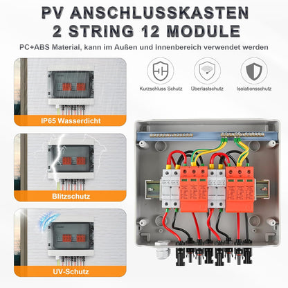 Overspanningsbeveiliging PV DC1000V bliksembeveiliging PV installatie 20-40 KA, zonne-overspanningsbeveiliging 2 snaren 12 modules met 16-zekering, IP65 waterdicht & UV-bestendig