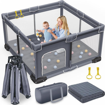 Foldable Playpen with Mat, Playpen for Babies and Toddlers with Door, Foldable Playground with Non-Slip Bottom, Portable Playground P, Dark Grey with Adhesive Tape - QUORE