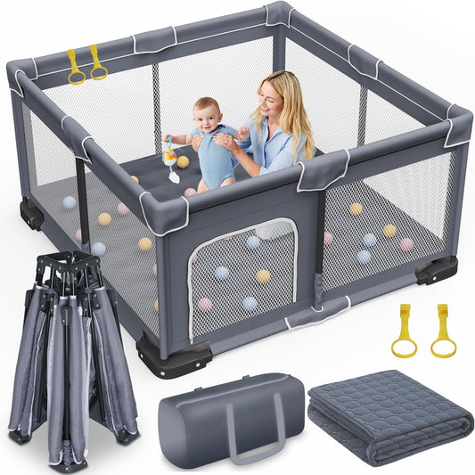 Foldable Playpen with Mat, Playpen for Babies and Toddlers with Door, Foldable Playground with Non-Slip Bottom, Portable Playground P, Dark Grey with Adhesive Tape - QUORE