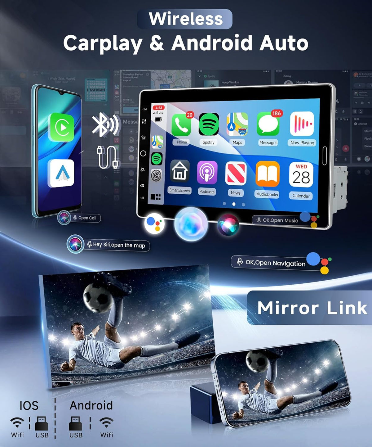Autoradio, 1 Din met Carplay Android auto, draadloos, 10,1 inch HD IPS touchscreen, handmatig draaibaar, stereo, auto-ondersteuning, Bluetooth 5.2, Mirror Link radio, FM/AM, 2 USB-camera