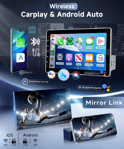 Autoradio, 1 Din met Carplay Android auto, draadloos, 10,1 inch HD IPS touchscreen, handmatig draaibaar, stereo, auto-ondersteuning, Bluetooth 5.2, Mirror Link radio, FM/AM, 2 USB-camera
