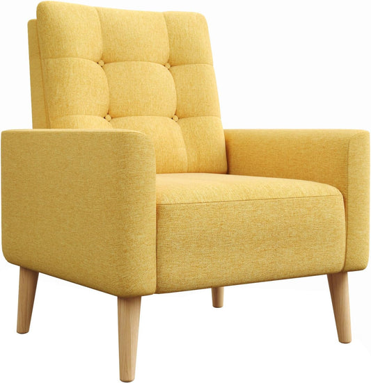 Meerveil Fauteuil bank, massief houten poten, moderne badstoel voor slaapkamer, woonkamer, balkon, kantoor, 72 x 72 x 81 cm, geel