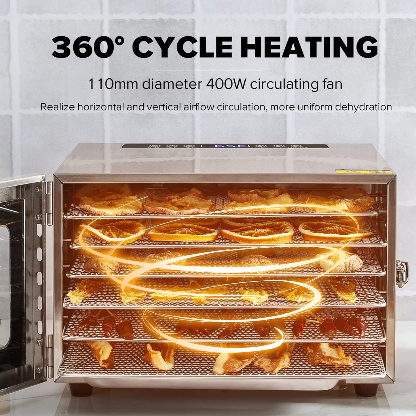 Kwasyo Voedseldroger, BPA-vrij, 30~90 ℃ temperatuurinstelling, max. 24 uur, fruitdroger met gratis receptenboek, droogautomaat voor fruit, groenten, vlees en chili-400W