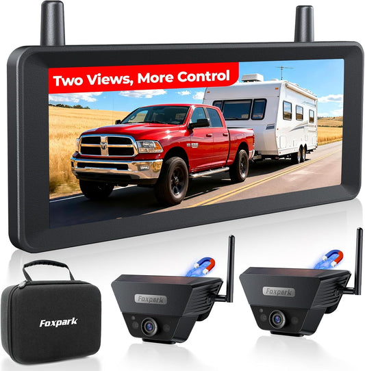 Dubbele achteruitrijcamera op zonne-energie, draadloze magneet: 2 min DIY installatie 7,2 inch 1080P Dual Channel monitor met DVR opname dubbele achteruitrijcamera's camper aanhanger paardenaanhanger