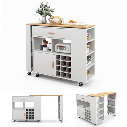 Keukentrolley – Keukenwagen – Keukenkar – Serveerwagen – Keukenmeubel – Wit – 2-in-1 Draaibaar Werkblad – Verstelbare Plank & Veel Opbergruimte