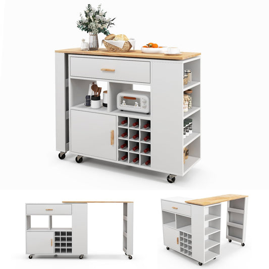 Keukentrolley – Keukenwagen – Keukenkar – Serveerwagen – Keukenmeubel – Wit – 2-in-1 Draaibaar Werkblad – Verstelbare Plank & Veel Opbergruimte
