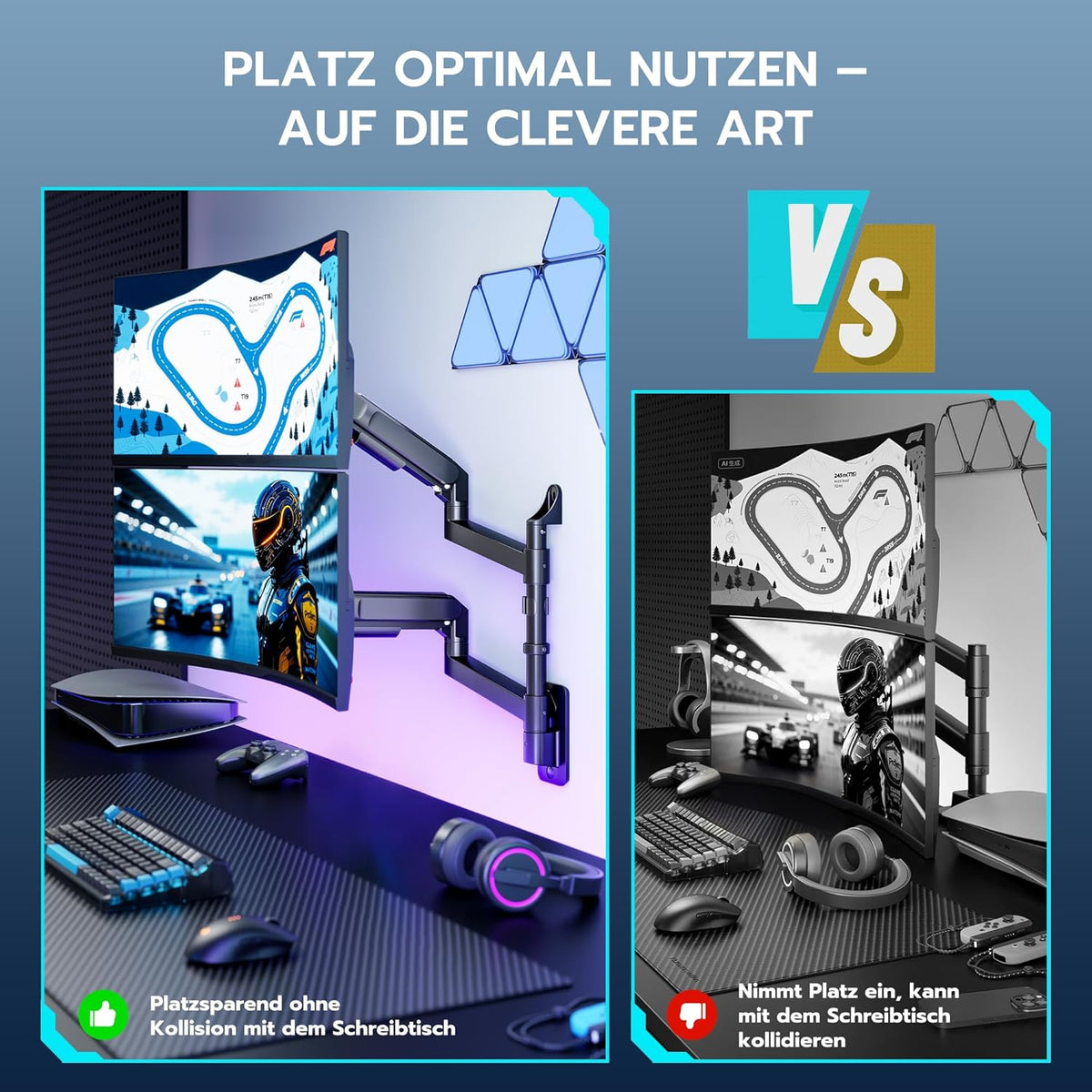 ARES WING Monitor muurbeugel 2 monitoren, voor Ultra Wide 24-57 inch beeldschermen, 27 kg/arm, VESA 75/100, gasdrukveer, pc-monitor, volledige verstelbare monitorhouder voor kantoor en gaming