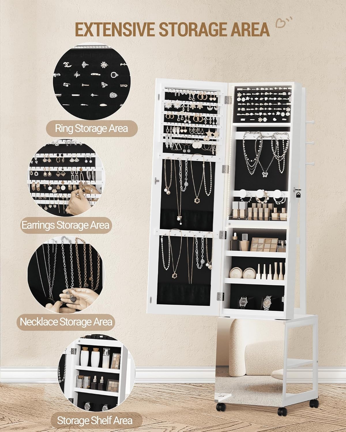 Hzuaneri Jewellery Cabinet with Light Frame, Mirror, Standing Jewellery Cabinet with Clothes Stand, Movable Full Body Mirror with Wheels, Lockable Storage Compartments with Hooks, White JC17103B