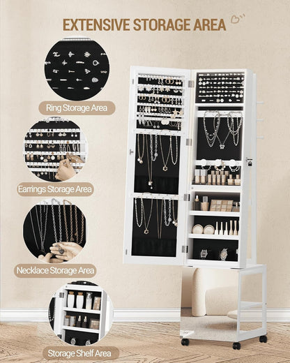 Hzuaneri Jewellery Cabinet with Light Frame, Mirror, Standing Jewellery Cabinet with Clothes Stand, Movable Full Body Mirror with Wheels, Lockable Storage Compartments with Hooks, White JC17103B