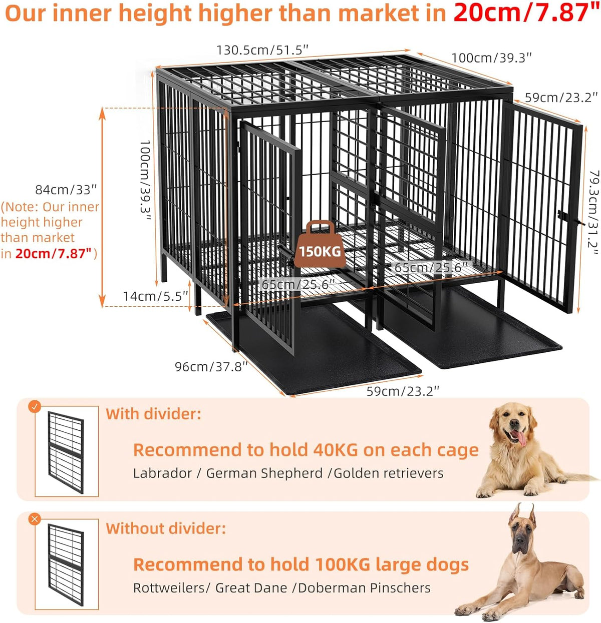 BingoPaw Heavy Duty hondenkrat: 132 cm extra grote enorme metalen huisdierenkooi met afneembaar scheidingspaneel - Indoor Hogere Binnenruimte Doggy box Kennel met twee deuren en trays voor kleine,