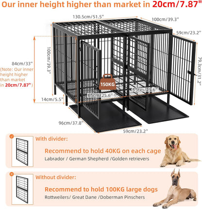 BingoPaw Heavy Duty hondenkrat: 132 cm extra grote enorme metalen huisdierenkooi met afneembaar scheidingspaneel - Indoor Hogere Binnenruimte Doggy box Kennel met twee deuren en trays voor kleine,