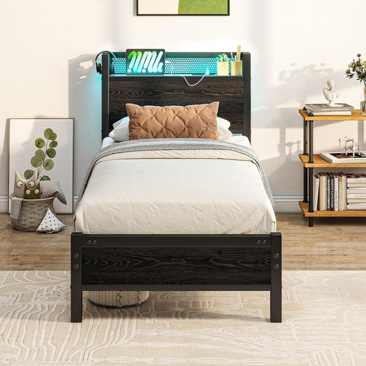 Eenpersoonsbedframe met houten opberghoofdeinde, 90 cm, houten bedframe, eenpersoonsbed met oplaadstation, USB-poorten en ledverlichting, zwart