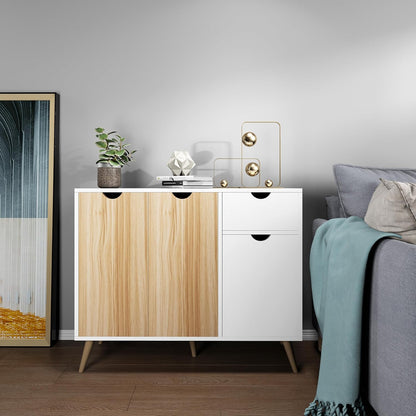Mondeer Commode, dressoir hout met 1 lade en 3 deuren voor woonkamer slaapkamer hal, wit en natuur 90 x 30 x 73 cm