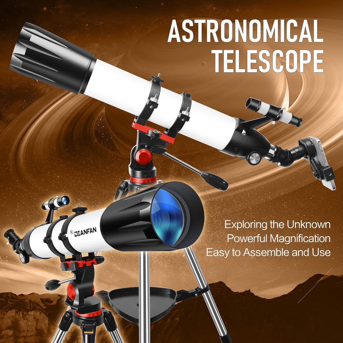 Dianfan Telescoop, 90 mm Opening, 800mm Telescoop Astronomie voor Volwassenen, 32X-240X Refractor Telescopen voor Kinderen en Beginners met Telefoonadapter, AZ Montuur, Statief en Draagtas