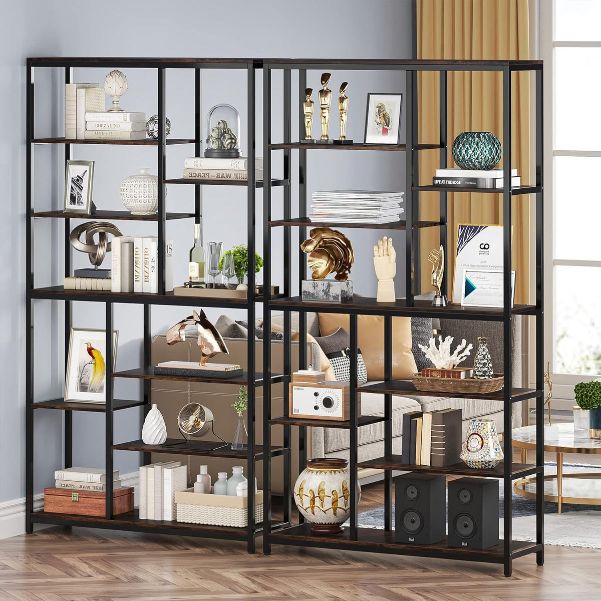 Tribesigns Bookcase Set of 2 Standing Shelves with 8 Levels, 9 Shelves, Modern Freestanding Open Bookcase, for Living Room, Office, Bedroom, 30 x 100 x 200 cm, Rustic Brown