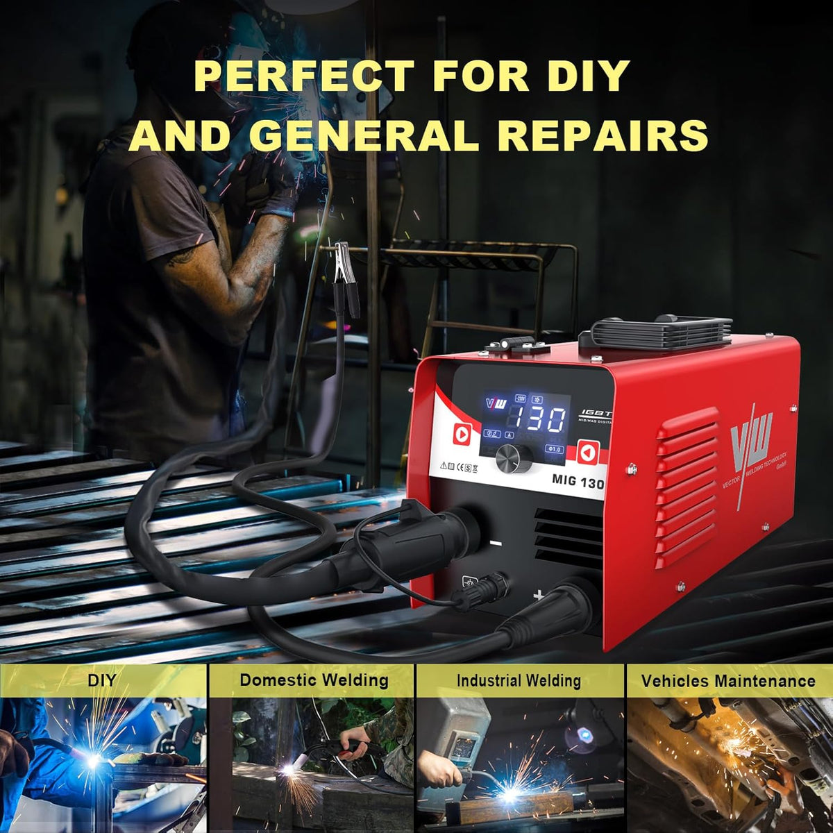 VECTOR WELDING Vuldraad lasapparaat 130 A, MIG MAG lasapparaat voor beginners, IGBT inverter lasapparaat met elektrodenlasfunctie, lasapparaat vuldraad zonder gas
