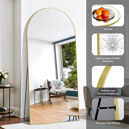 Weare Home Boogvormige staande spiegel, 192 x 85 cm, grote staande spiegel met aluminium frame, om op te hangen of te staan, staande spiegel voor woonkamer, slaapkamer (goud)