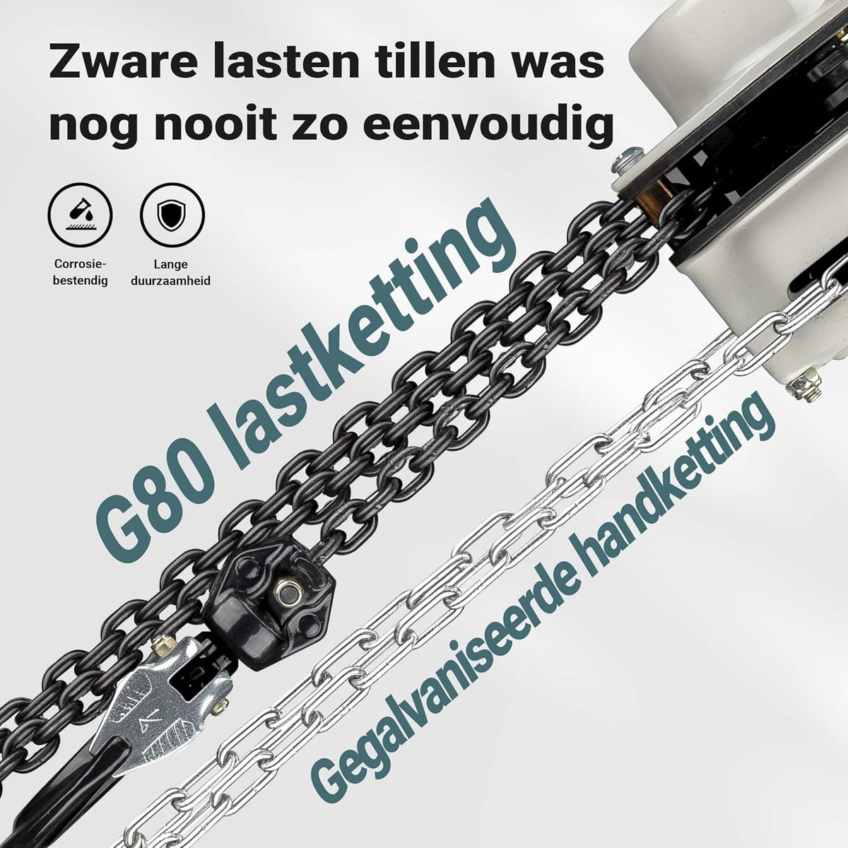 Wiltec handmatige kettingtakel 2 ton x 5 meter V21, krachtige hijstakel voor het hijsen van lasten, compacte takel met 2 haken voor zware objecten