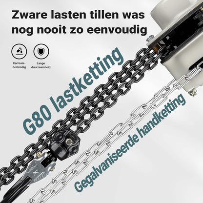 Wiltec handmatige kettingtakel 2 ton x 5 meter V21, krachtige hijstakel voor het hijsen van lasten, compacte takel met 2 haken voor zware objecten