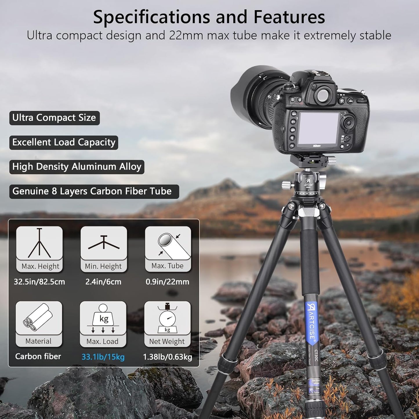 Koolstofvezel Statief – Camerastatief – Fotostatief – Reisstatief – Videostatief – 32,5 Inch / 82,5 Cm – Lichtgewicht Koolstofvezel – Verstelbare Pootstanden