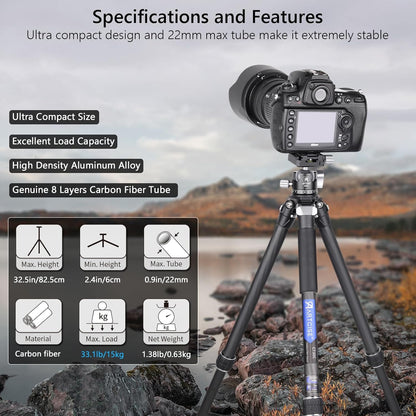 Koolstofvezel Statief – Camerastatief – Fotostatief – Reisstatief – Videostatief – 32,5 Inch / 82,5 Cm – Lichtgewicht Koolstofvezel – Verstelbare Pootstanden