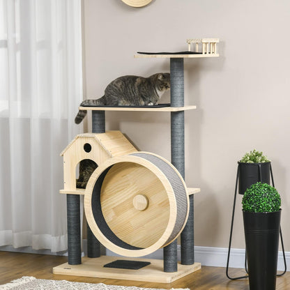 PawHut cat tree with running wheel, 4 storey scratching tree, cat house with sisal posts, cat cave, solid wood, 80 x 40 x 148 cm - QUORE