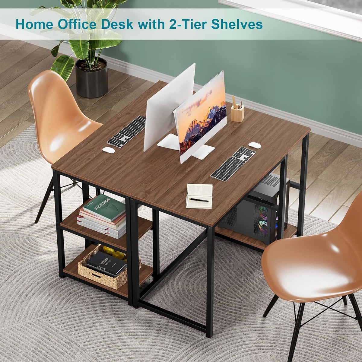 WOHOMO Computerbureau 120 cm met 2-laags planken, stevig thuiskantoor bureau met grote opslagruimte, modern gamingbureau, studie-schrijftafel, laptoptafel, bruin