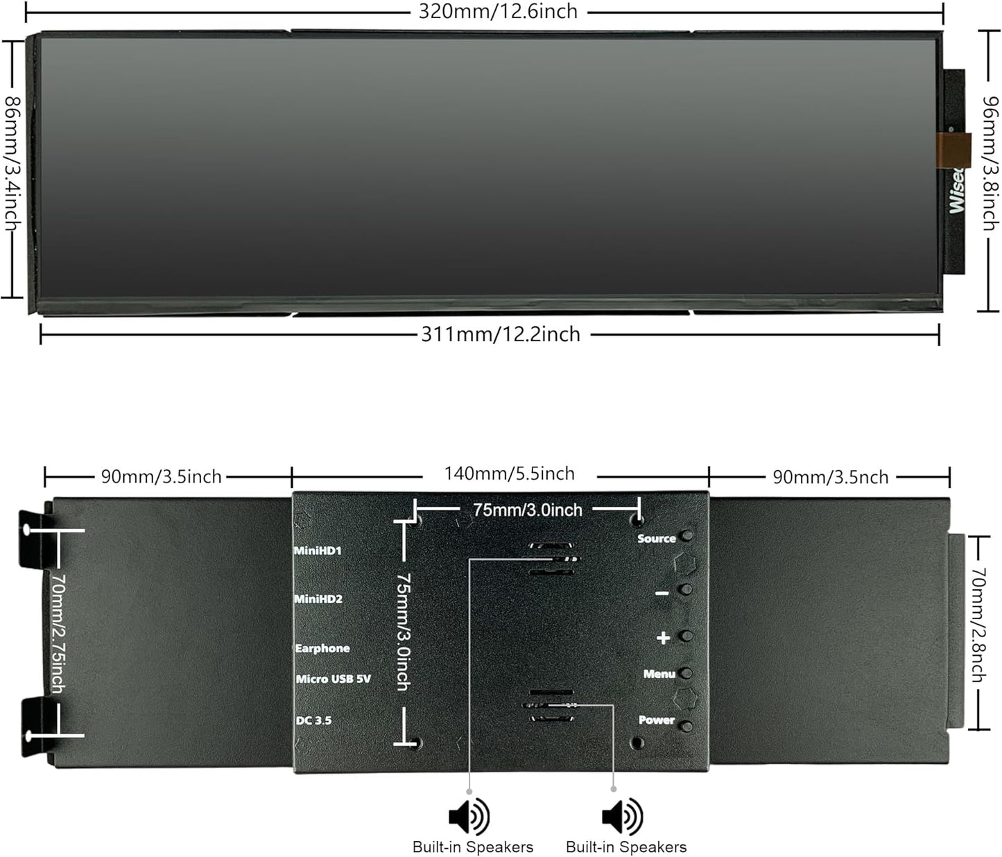 12.6 Inch Bar Lcd scherm HDMI Display Monitor 1920x515 IPS DIY Kits Dual Ingebouwde Speakers voor Hyte Y60 Computer Gaming PC Case CPU GPU Secundaire Monitor Eenvoudig te installeren Zwart