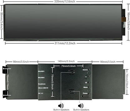 12.6 Inch Bar Lcd scherm HDMI Display Monitor 1920x515 IPS DIY Kits Dual Ingebouwde Speakers voor Hyte Y60 Computer Gaming PC Case CPU GPU Secundaire Monitor Eenvoudig te installeren Zwart