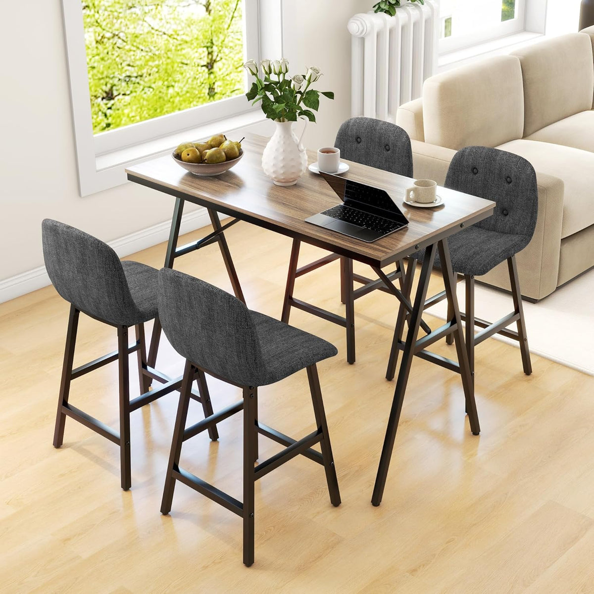 HOMCOM Bar Table with Bar Stool Set, 5-Piece Dining Group, Kitchen Table, Bistro Table with 4 Chairs, Bar Table Set for Kitchen, Living Room, Steel, Dark Grey, 120 x 60 x 91 cm - QUORE