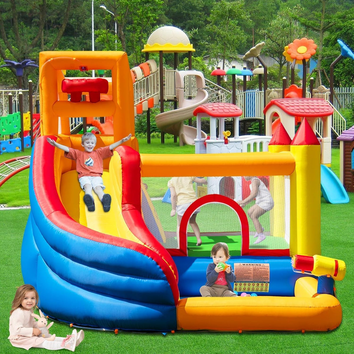 Groot springkasteel met ventilator, droog-/waterglijbaan, geschikt voor kinderen van 3 tot 10 jaar, kinderkasteel voor binnen of buiten, 320 x 280 x 232 cm